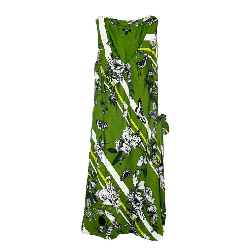Talbots Green 100% Silk Floral Stripes Butterfly Dress Sleeveless Women's Sz 4